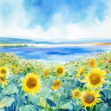 Watercolor summer landscape with sunflowers and sea. AI-Generated Imagesの素材