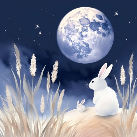 Illustration of a white rabbit on the grass with a moon in the background. AI-Generated Images.の素材