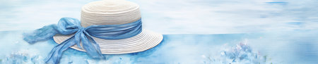 Summer straw hat with blue ribbon on blue water background. Banner. AI-Generated Imagesの素材