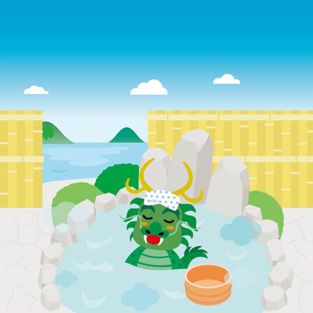 A dragon which takes outdoor bath with an ocean view, vector illustration.のイラスト素材