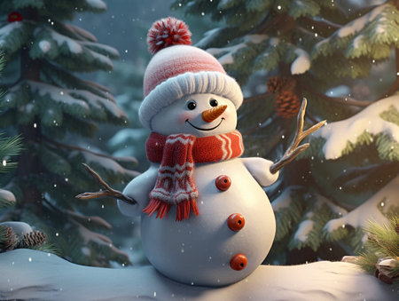 Snowman in the winter forest. 3d render. Christmas card. AI-Generated Images.の素材