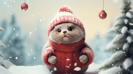 Cute little animal in a red knitted hat and scarf sits in the winter forest. AI-Generated Images.の素材