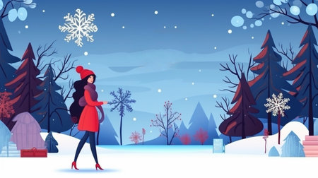Winter holidays illustration. Cartoon girl in red coat walking in snowy forest. Happy new year and merry christmas concept. AI-Generated Imagesの素材
