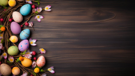 Easter eggs and spring flowers on wooden background. Top view. AI-Generated Images.の素材