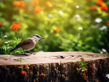 Little bird on the stump in the garden with flower background, Nature. AI-Generated Imagesの素材