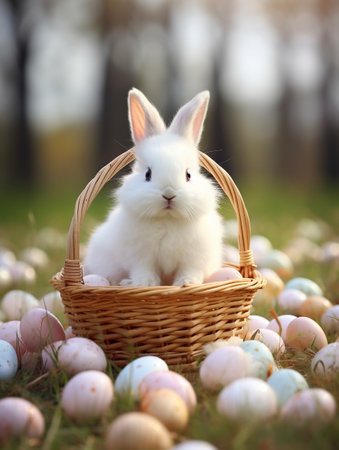 Cute little white rabbit with easter eggs in basket on grass. AI-Generated Imagesの素材