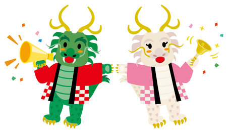 Japanese staff of the cute dragon with the loudspeaker and hand bell at a sale. Illustration of New year sale.のイラスト素材