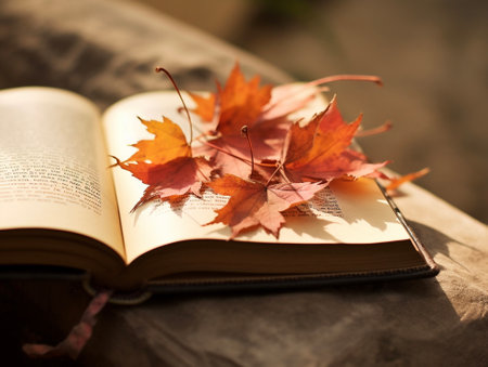 Autumn leaves on an old book, shallow depth of field. Autumn of reading. AI-Generated Imagesの素材