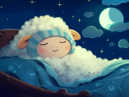 Illustration of a cute sheep sleeping in the bed at night. AI-Generated Imagesの素材