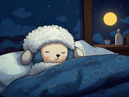 Sheep sleeping in the bed at night. Cute cartoon character. AI-Generated Imagesの素材