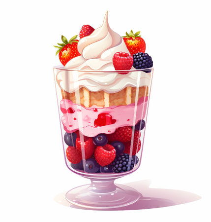 Parfait with whipped cream and berries in glass bowl. AI-Generated Imagesの素材