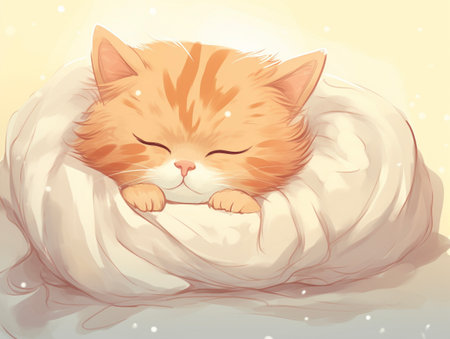 Cute ginger cat sleeps in a soft pillow. Cute cartoon, AI-Generated Imagesの素材