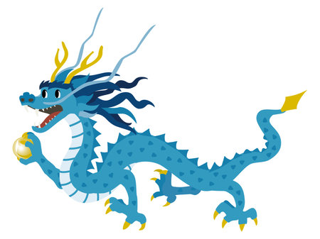 Blue dragon with a ball on a white background. Vector illustration.のイラスト素材