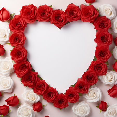 Red and white roses in a heart shape on a white background. AI-Generated Imagesの素材