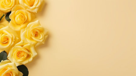 Yellow roses on beige background. Top view, copy space. AI-Generated Imagesの素材