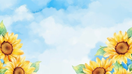 Watercolor sunflowers on blue sky background. AI-Generated Imagesの素材