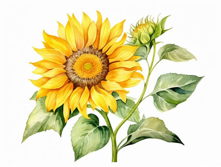 Sunflower isolated on white background. Hand drawn watercolor illustration. AI-Generated Imagesの素材