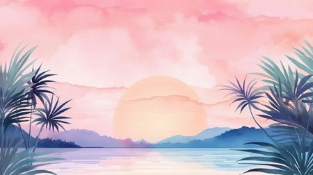 Tropical background with palm trees and sunset. AI-Generated Imagesの素材