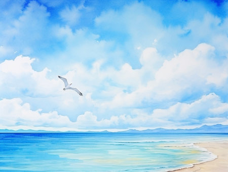 Watercolor seascape. Blue sky with white clouds and sea. AI-Generated Imagesの素材