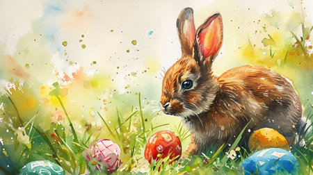 Easter bunny with colored eggs in the grass. Watercolor painting. AI-Generated Imagesの素材