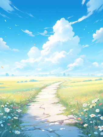 Spring landscape with meadow and blue sky with clouds. AI-Generated Imagesの素材