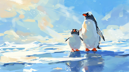 Penguins on the ice of the sea. Illustration. AI-Generated Images.の素材