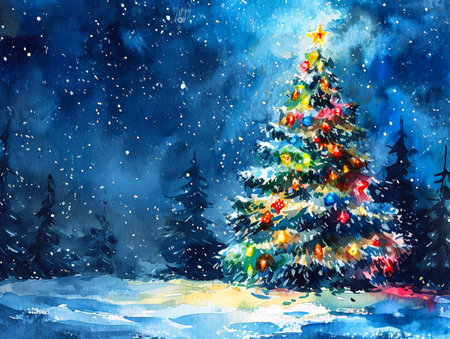 Christmas tree and snowflakes on blue background. Watercolor painting. AI-Generated Imagesの素材
