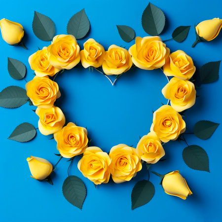 Paper yellow roses in heart shape on blue background. Flat lay, top view. AI-Generated Imagesの素材