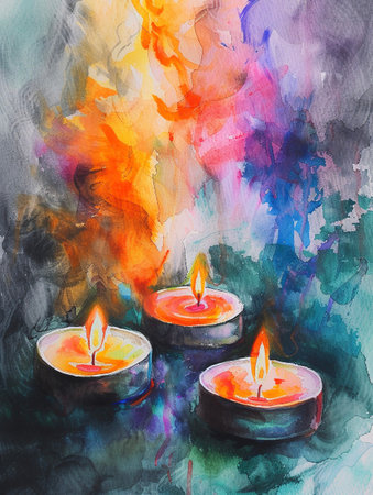 Oil painting of burning aroma candles on a colorful background. Digital art painting. AI-Generated Imagesの素材