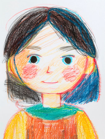 Children's drawing of a beautiful girl with long hair and blue eyes. AI-Generated Imagesの素材
