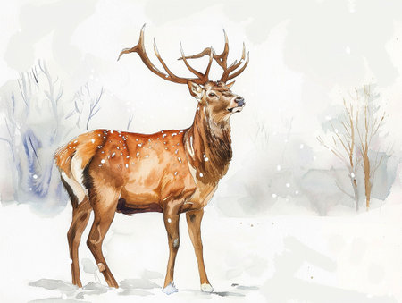 Watercolor illustration of a deer in the winter forest with snow. AI-Generated Imagesの素材
