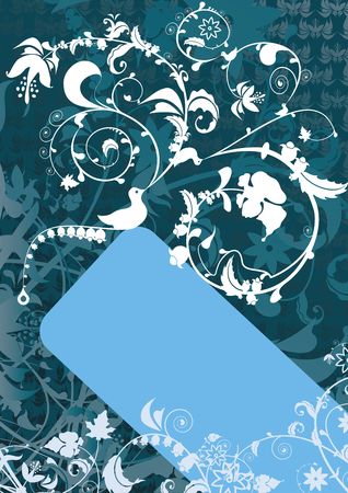 Blue banner with bird and floral ornamentsの写真素材