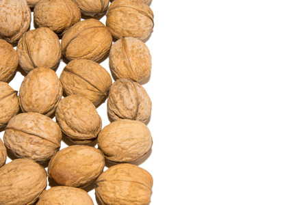 Close-up of walnut. Walnut in the corner. From the side. On white background. Isolated.の写真素材
