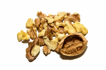 Close-up of walnut. Shell and walnut fruit. On white background. Isolated.の写真素材