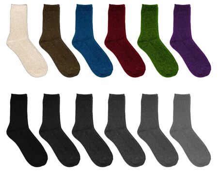 Socks of different colors. Socks in two rows on a white background. Multicolor socks on white background.の写真素材