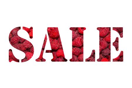Sale. Text banner. Word from raspberry. Word isolated on white background.