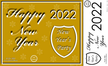 Greeting Card "Happy New Year 2022". Invitation card "New Year's party". VIP PASS. Gold design of a postcard / ticket.のイラスト素材