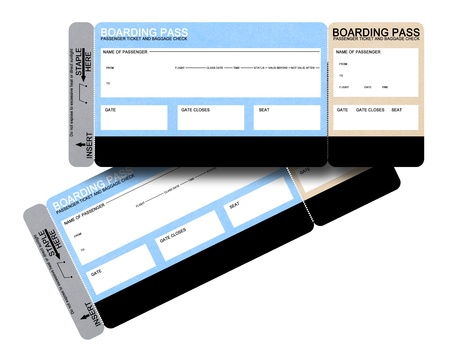 Two blank airline boarding pass tickets isolated on whiteの写真素材