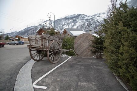 house in a mountain village in the Alps in winterの写真素材