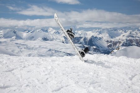 Panoramic view of ski resort three valleys and big lift in french alps - Vacation and travel concept - Winter high season opening with people having fun on mountain - Focus on sport equipmentの写真素材