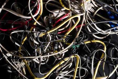 Close up of a bunch of colourful computer wiresの写真素材