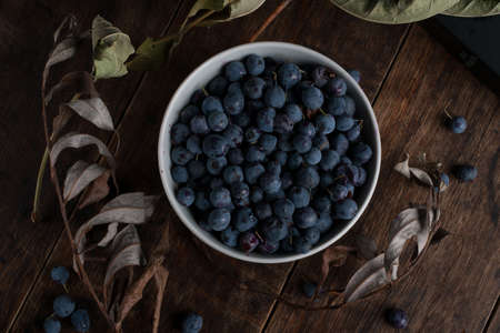 Bowl of blueberries and dried branches on the old wooden tableの写真素材