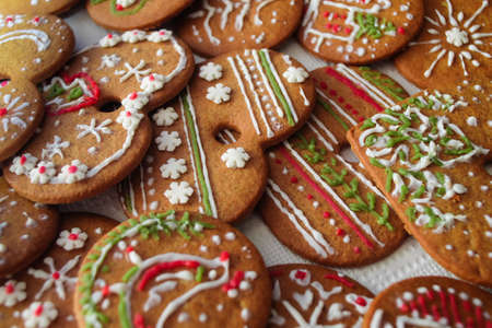 Festive and decorated Christmas gingerbread cookiesの写真素材
