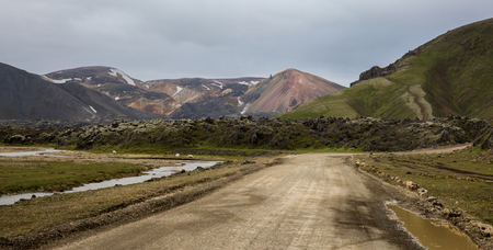 Road through the colored mountains of Landmannalaugarの写真素材