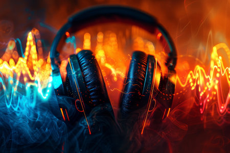 Headphones on fire background. Music concept. Headphones on fire background.の素材