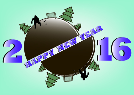 happy new year 2016 and Hockey puck with Christmas trees