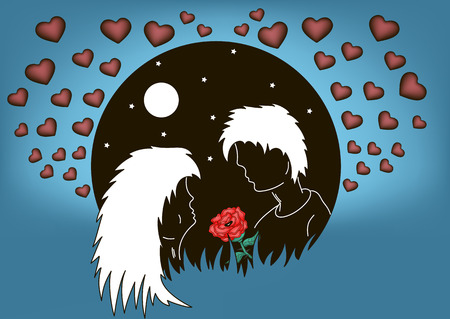 silhouette of enamored men and women against the background of the moon and hearts. Vector illustrationのイラスト素材