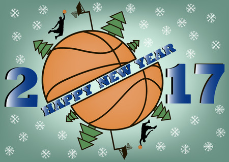 happy new year 2017 and basketball with Christmas trees. Basketball player scores in basket. Vector illustrationのイラスト素材