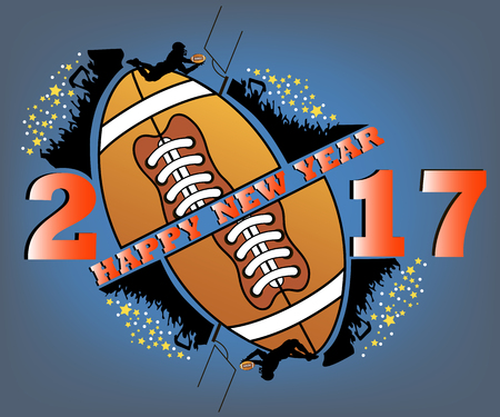 happy new year 2017 and football  with football  fans. football player jumping with the ball. Vector illustrationのイラスト素材