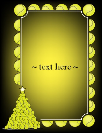 Yellow frame with tennis ball and Christmas tree from tennis ball on a black background. Vector illustrationのイラスト素材